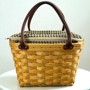 Longaberger Vintage Boardwalk Handwoven‎ Basket & Genuine Leather Handbag